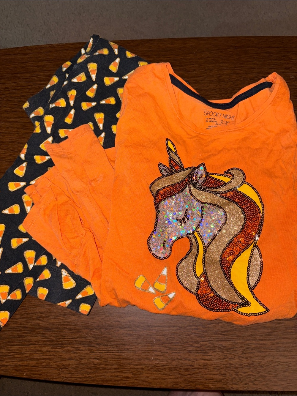 Spooky Orange Unicorn Tee with Candy Corn Leggings size Medium (7/8)